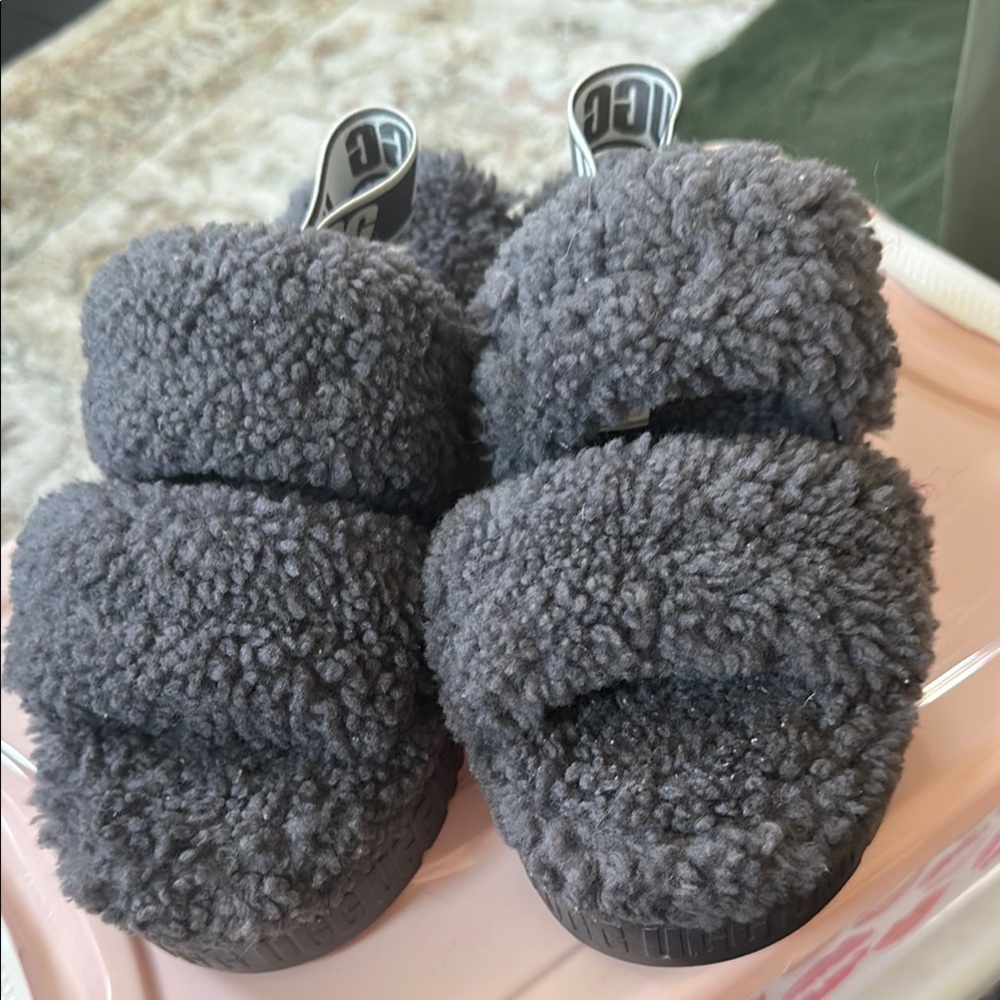 UGG Charcoal Fluffy Slides